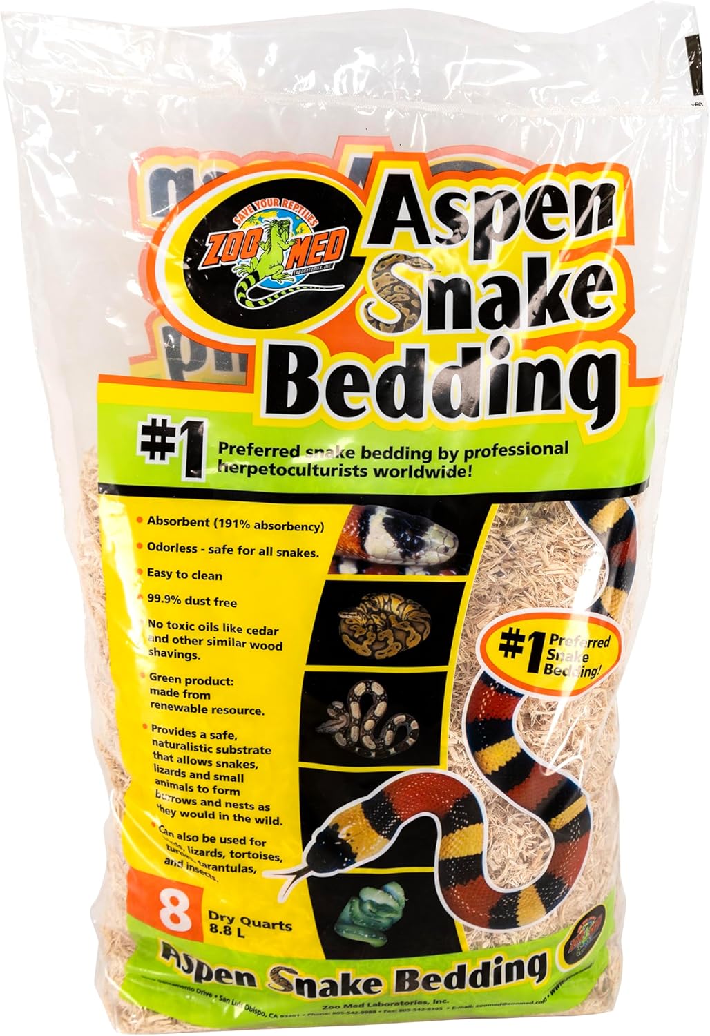 Zoo Med Aspen Snake Bedding 8 Quarts front view of retail packaging