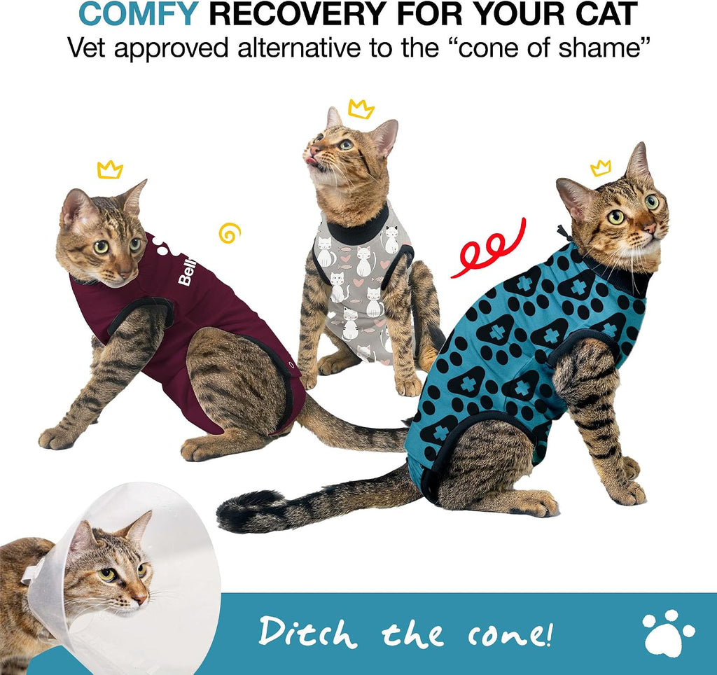 Side view of cat wearing breathable recovery onesie