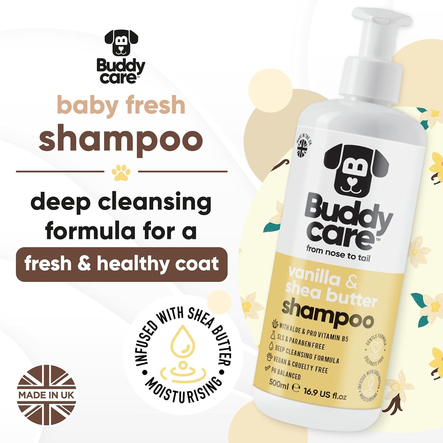 Buddycare moisturizing dog shampoo five hundred milliliter pump bottle packaging details
