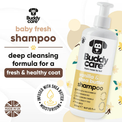 Buddycare moisturizing dog shampoo five hundred milliliter pump bottle packaging details