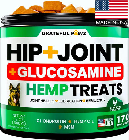 Container of Grateful Pawz hemp oil chews for mobility and sleep