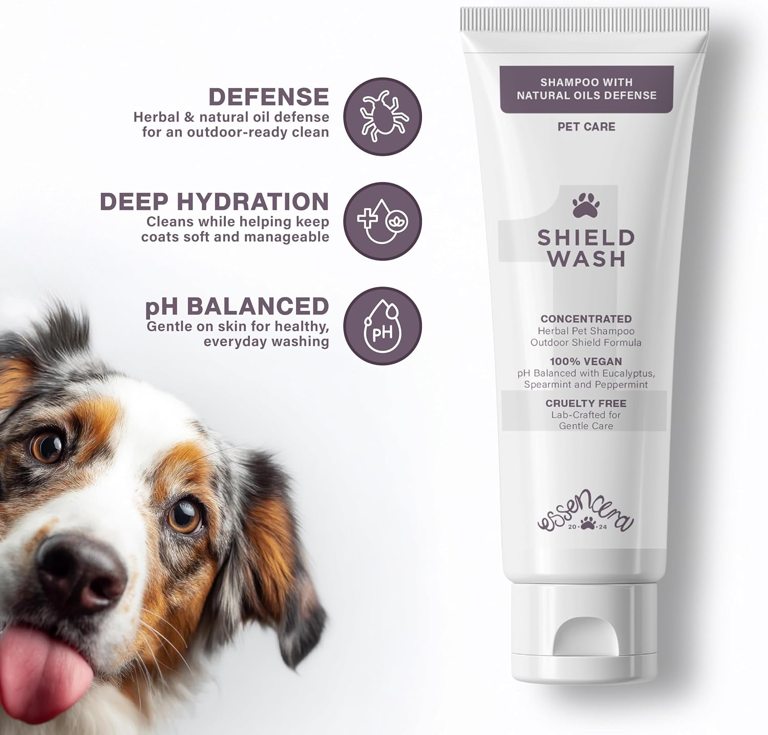 Essencera Shield Wash plant based vegan dog shampoo lathering application