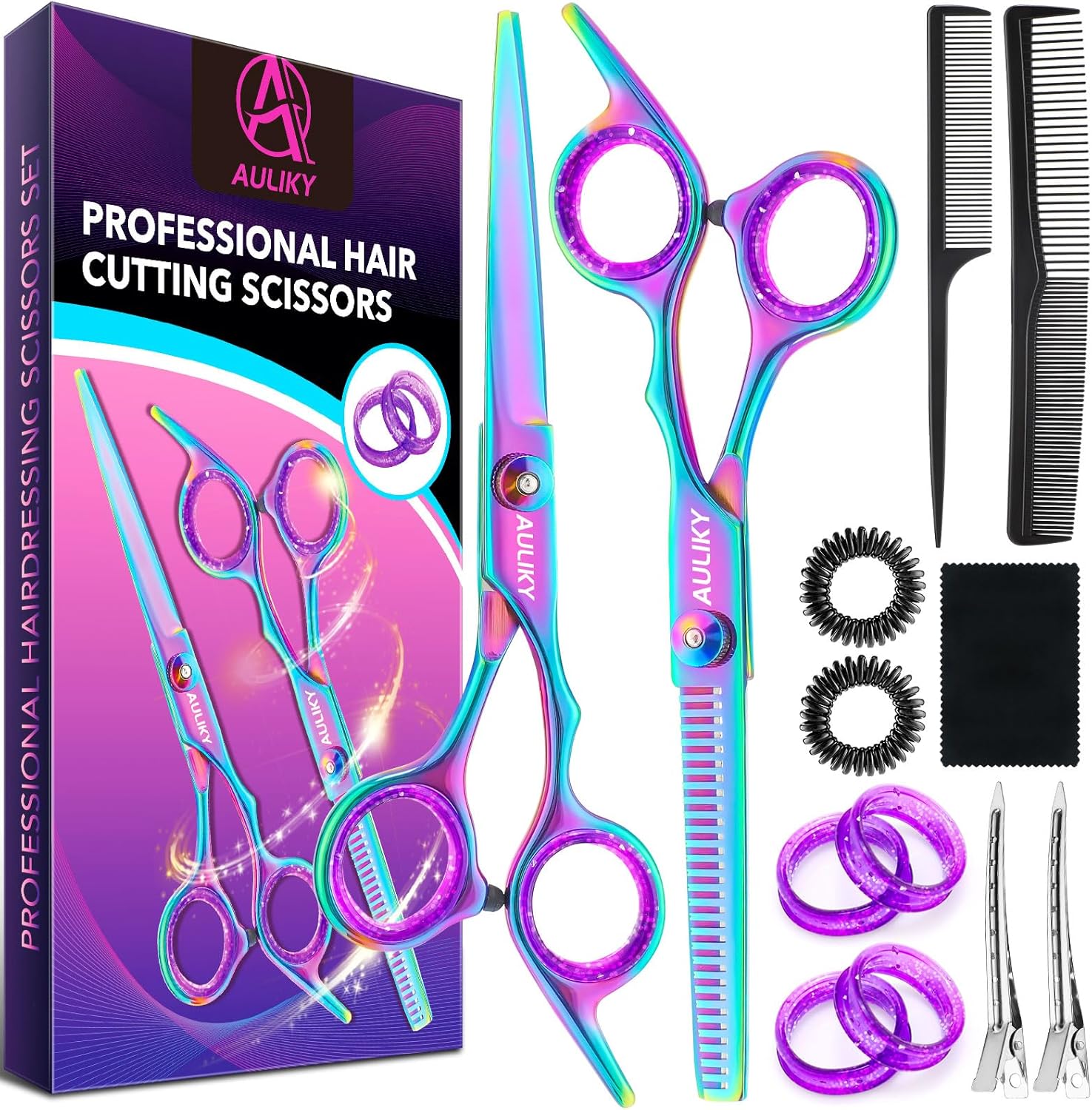 AULikY professional hair cutting scissors kit front view displaying rainbow stainless steel shears and accessories