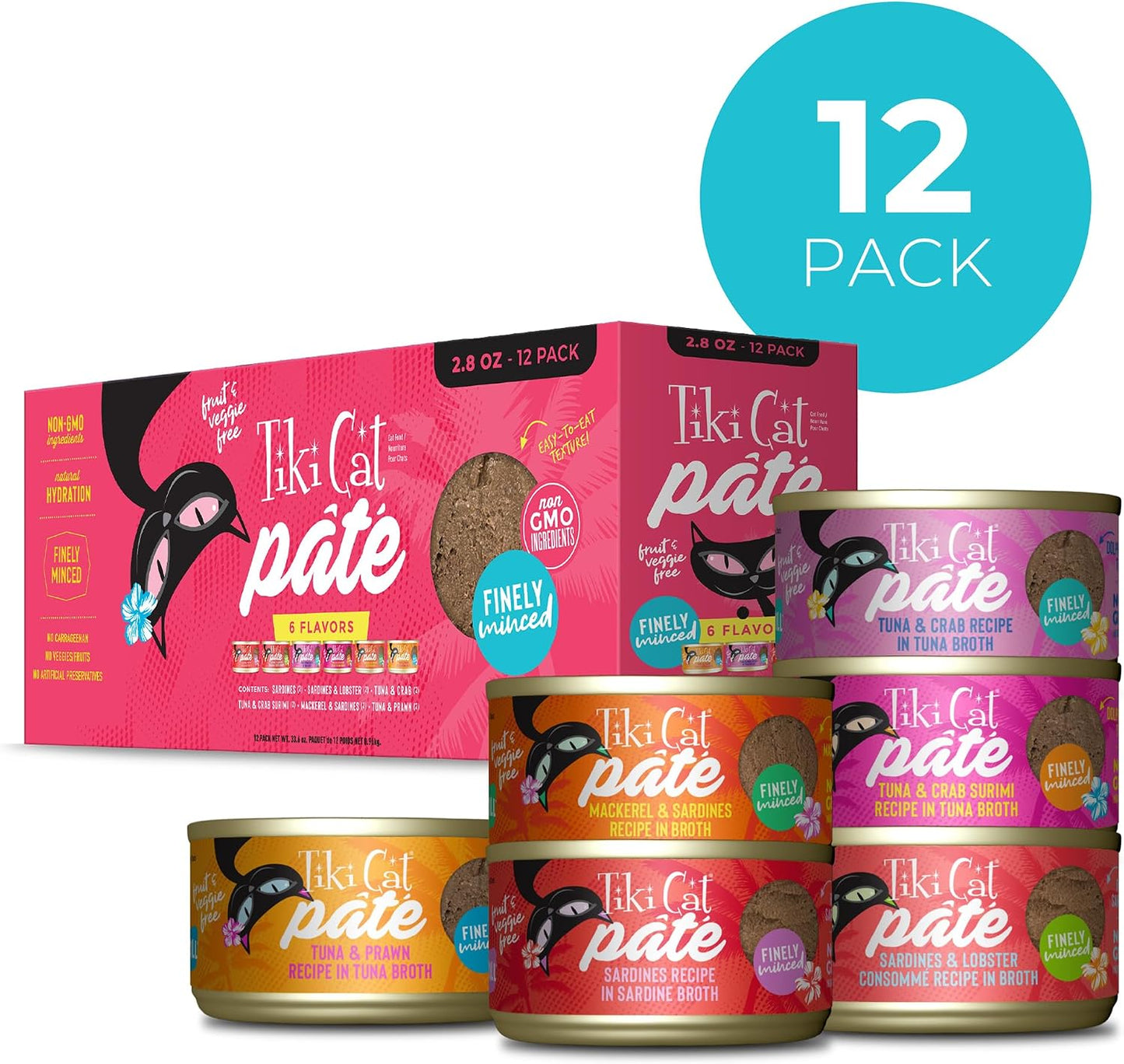 Tiki Pets Tiki Cat Grill Pate Wet Cat Food Variety Pack 12 count cans arranged
