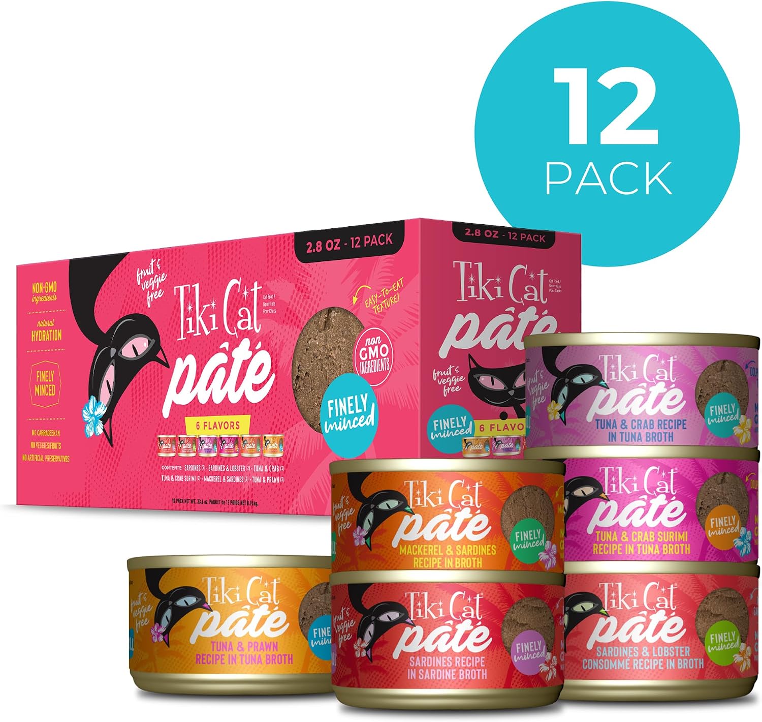 Tiki Pets Tiki Cat Grill Pate Wet Cat Food Variety Pack 12 count cans arranged
