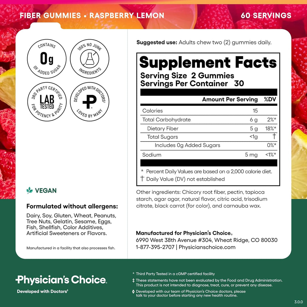 Physicians Choice Fiber Gummies open bottle showing gummy texture