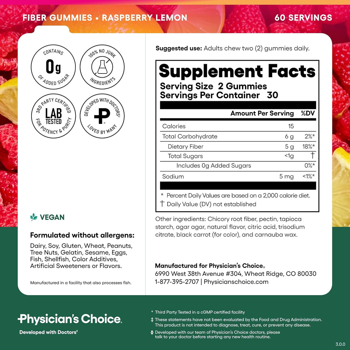 Physicians Choice Fiber Gummies open bottle showing gummy texture
