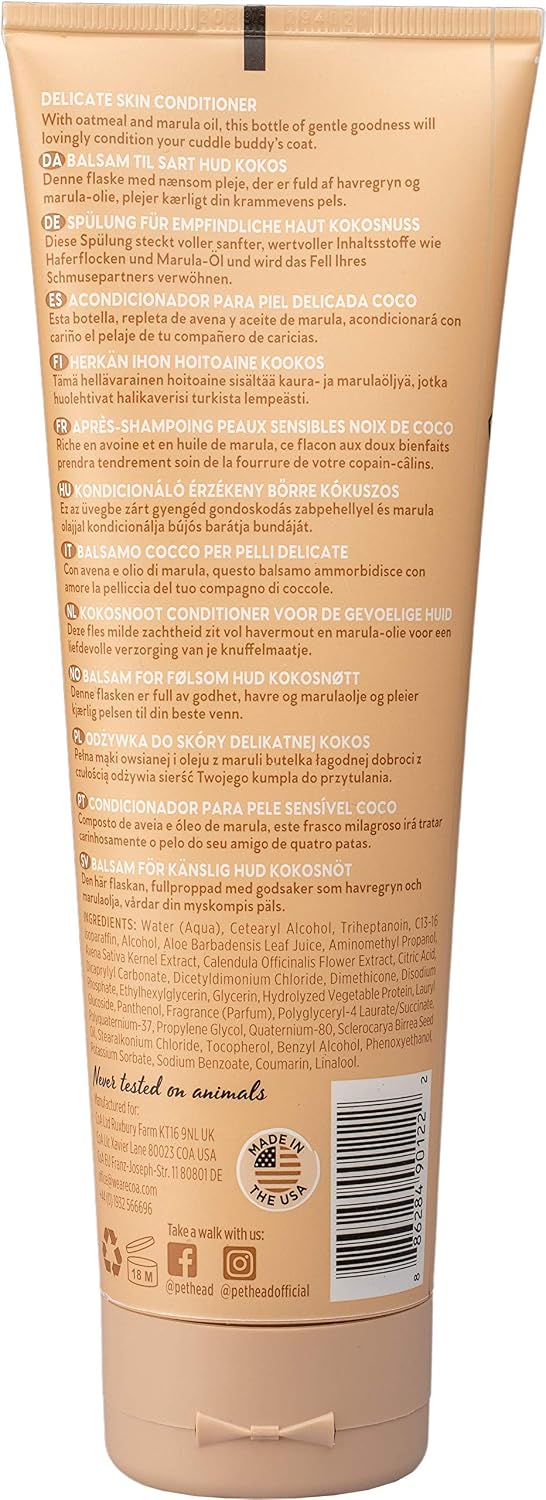 Pet Head coconut scented delicate skin dog conditioner back label and usage instructions