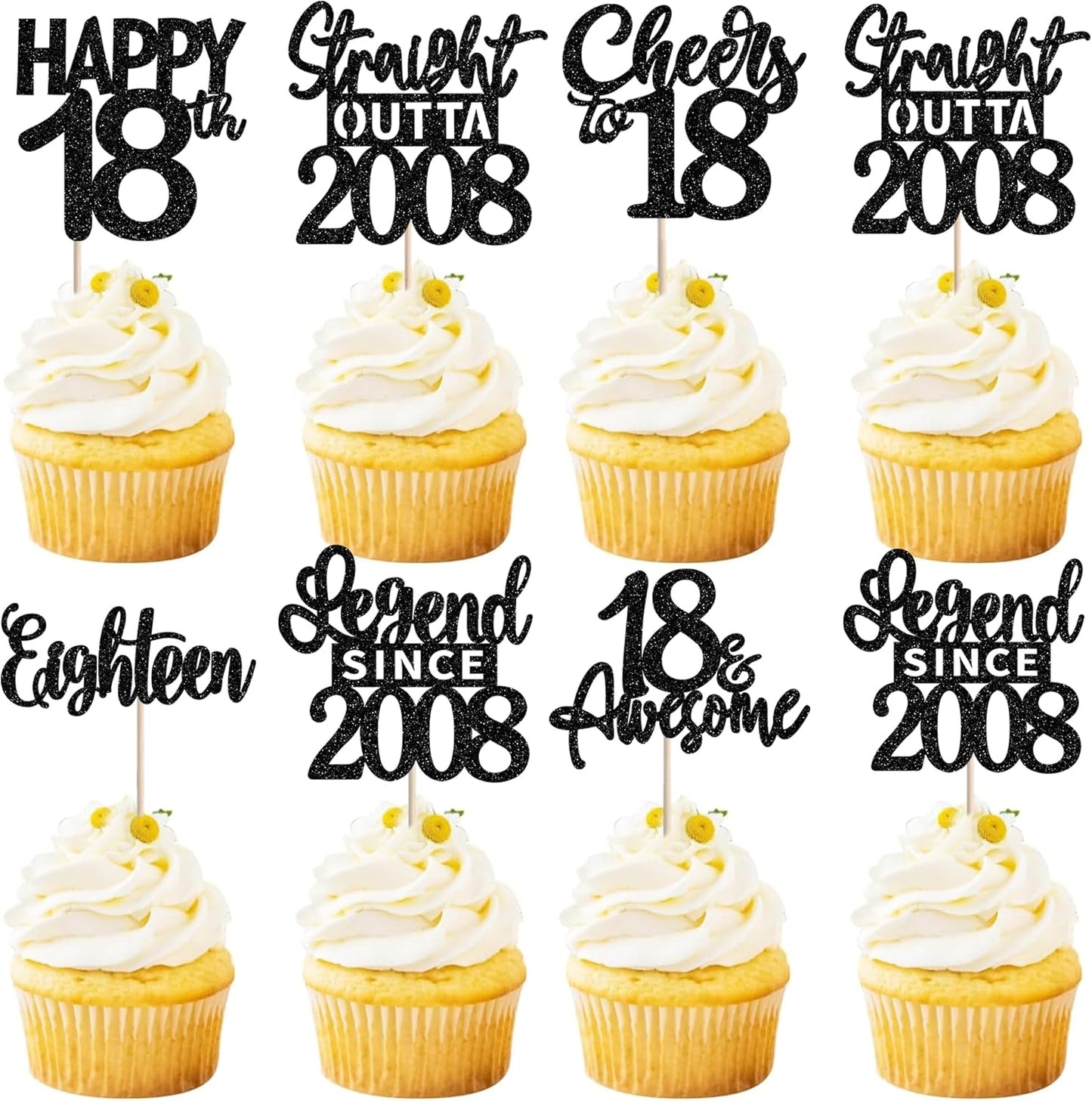 ZHUOWEISM Black Eighteenth Birthday Cupcake Toppers front view showcasing premium glitter milestone cake decorations.