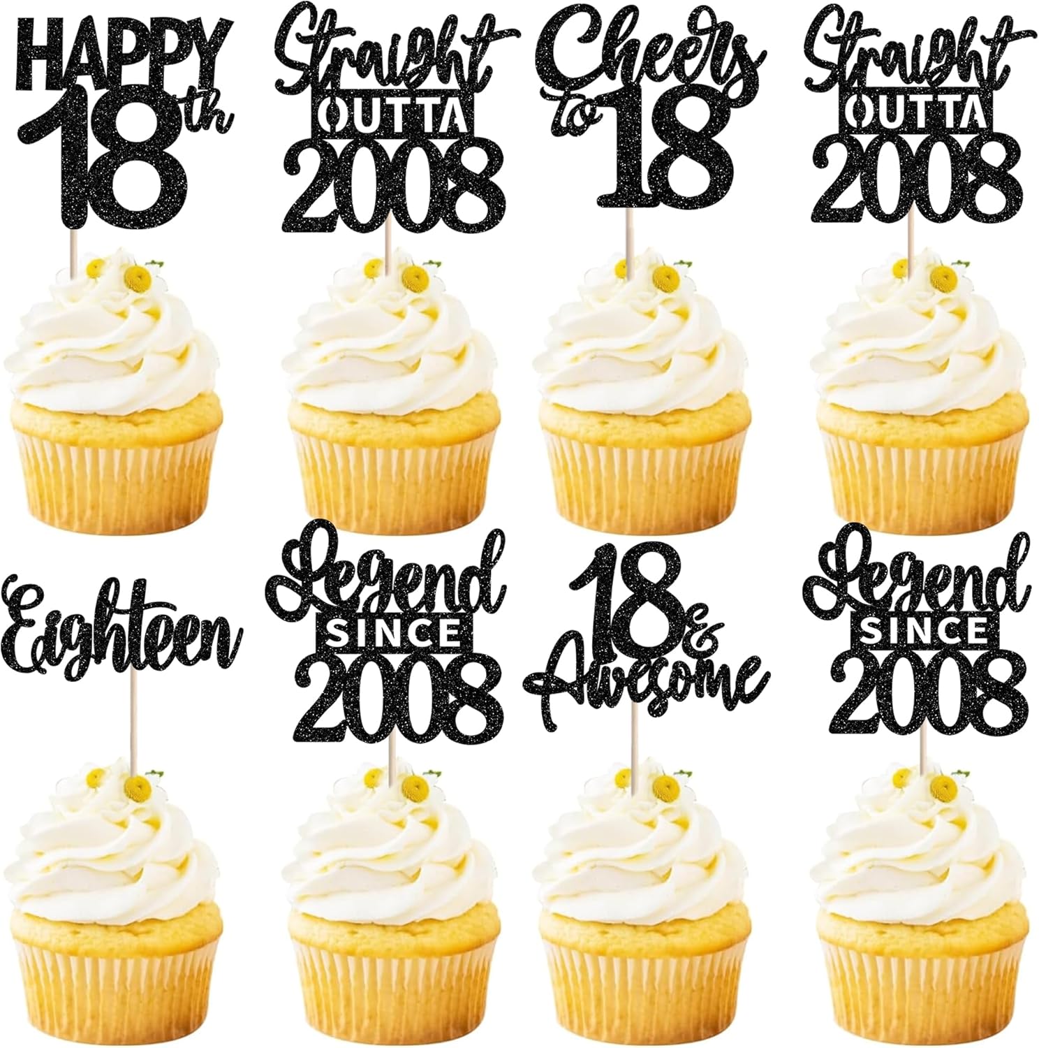 ZHUOWEISM Black Eighteenth Birthday Cupcake Toppers front view showcasing premium glitter milestone cake decorations.