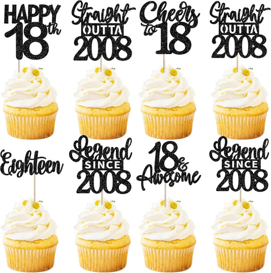 ZHUOWEISM Black Eighteenth Birthday Cupcake Toppers front view showcasing premium glitter milestone cake decorations.