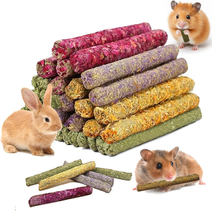 Jorewood 33 Pieces Rabbit Chew Sticks front view showing natural Timothy grass and mixed flower molar treats.
