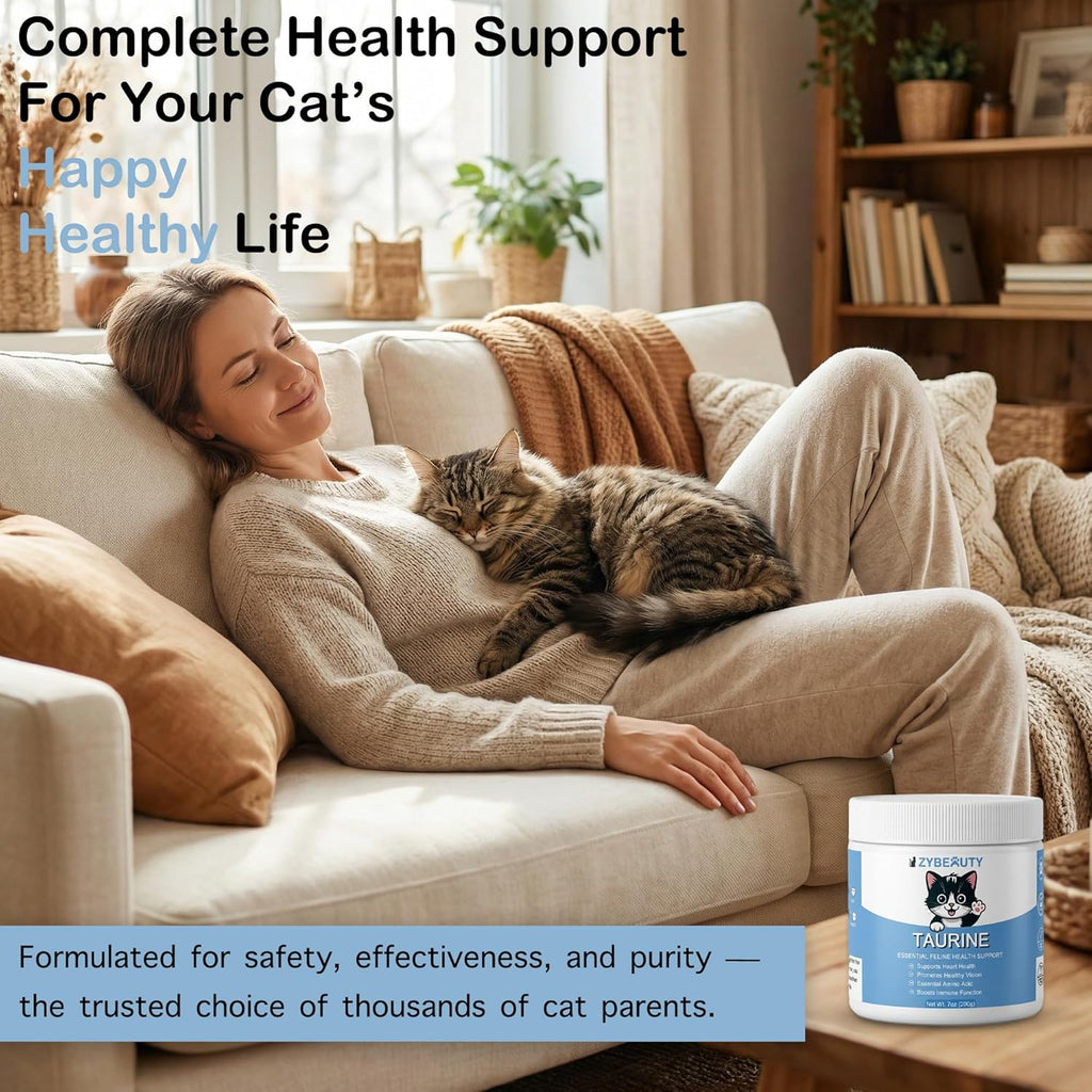 Zybeauty cat taurine supplement packaging with measuring scoop details