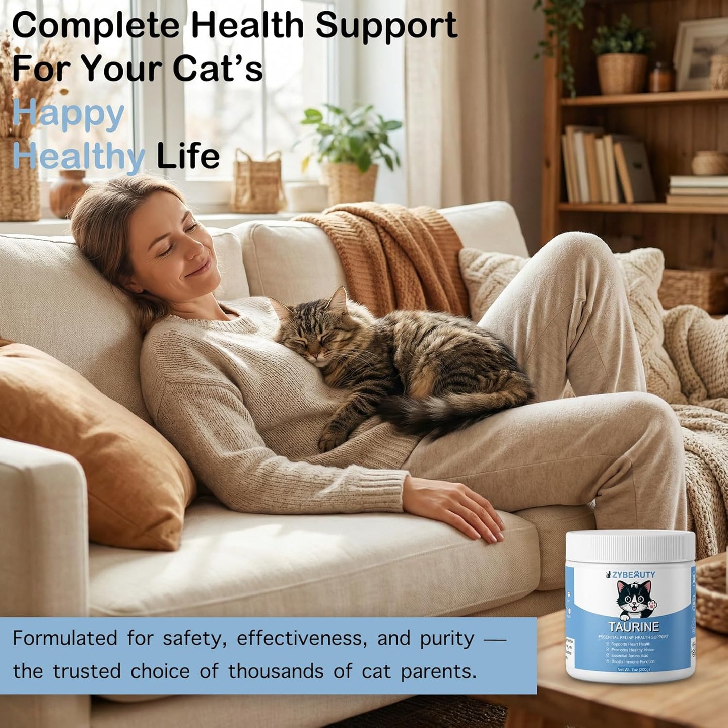 Zybeauty cat taurine supplement packaging with measuring scoop details
