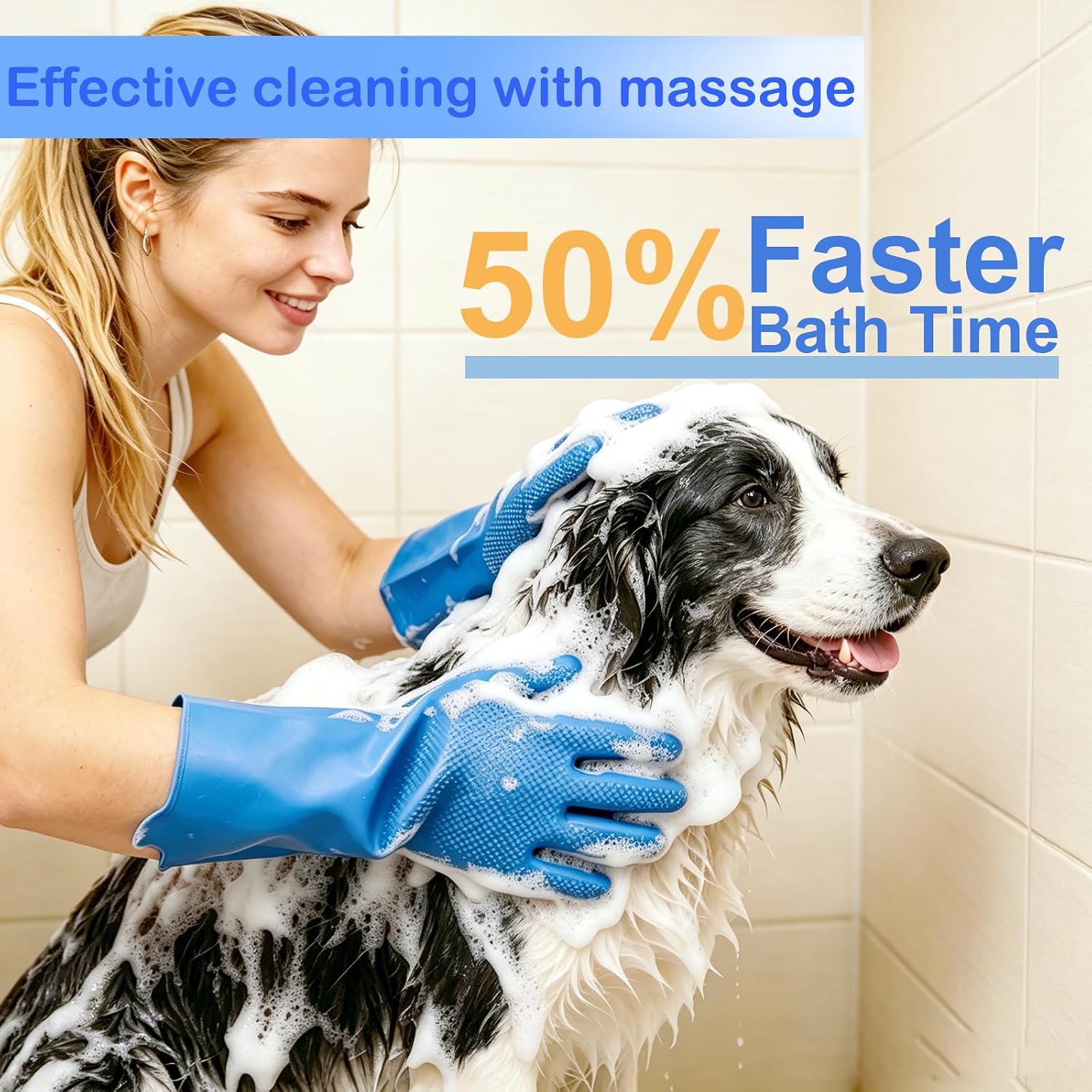 Yintoper dog bath scrubber being used on a dog