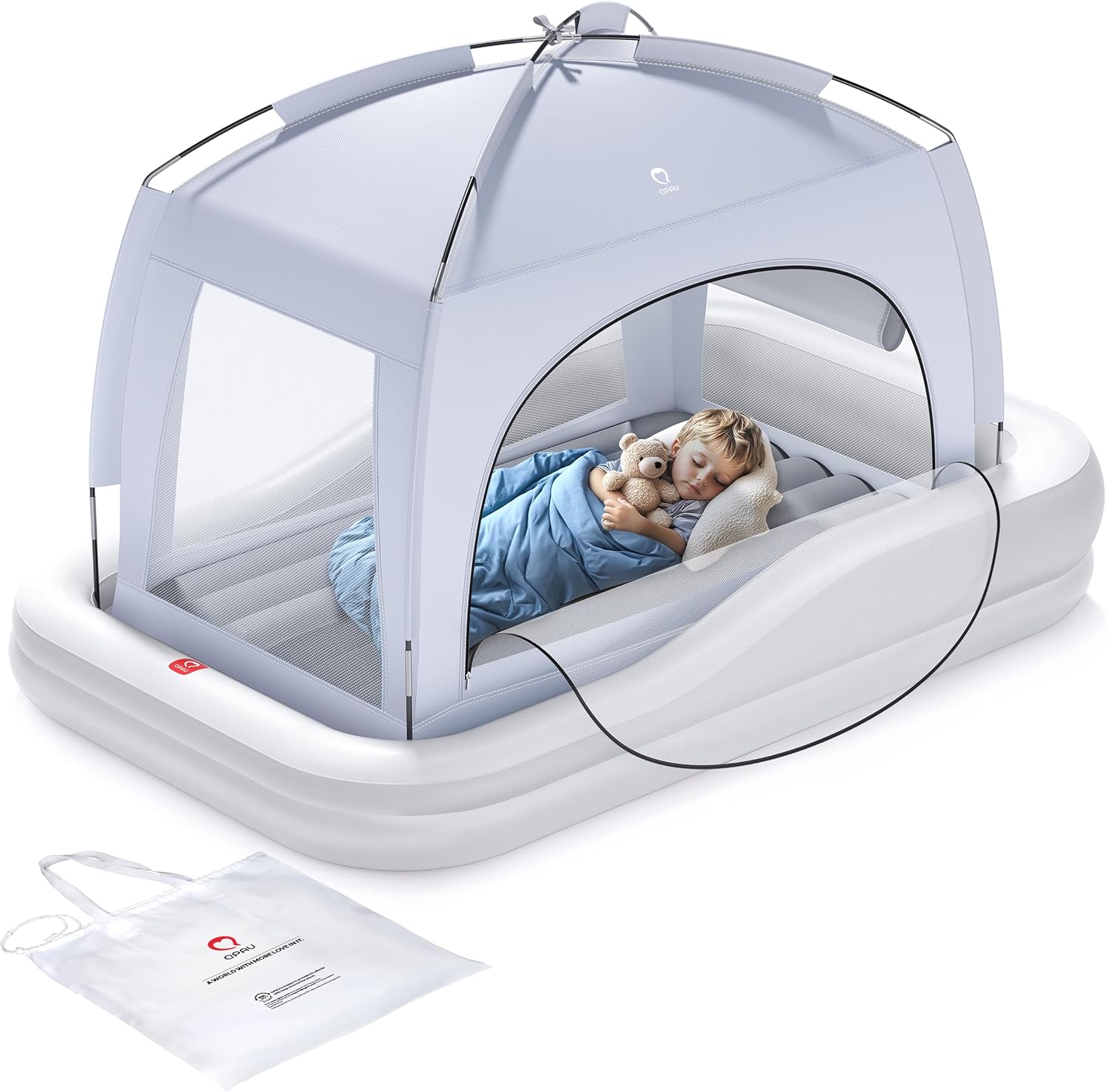 QPAU inflatable toddler travel bed grey front view showing portable kids mattress and safety bumpers