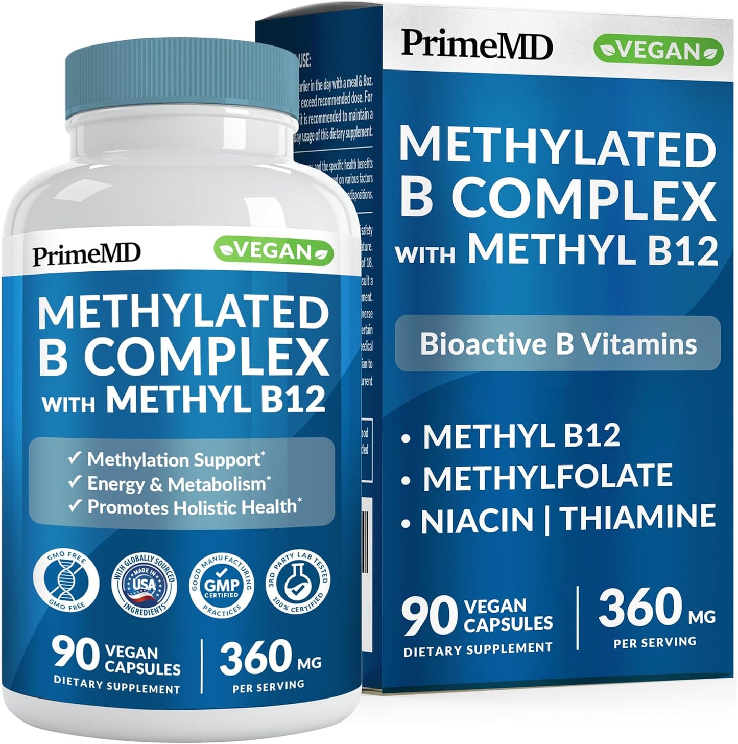 PrimeMD Methylated B Complex 90 vegan capsules bottle front view showing authentic active B vitamins formula.