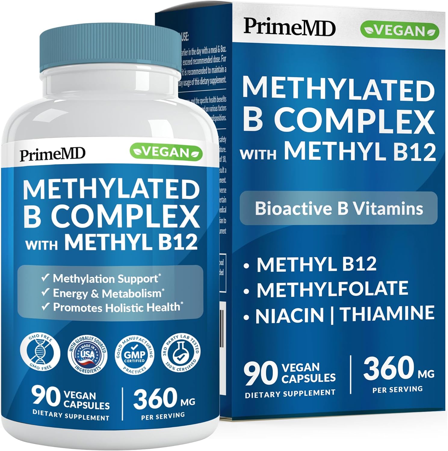PrimeMD Methylated B Complex 90 vegan capsules bottle front view showing authentic active B vitamins formula.