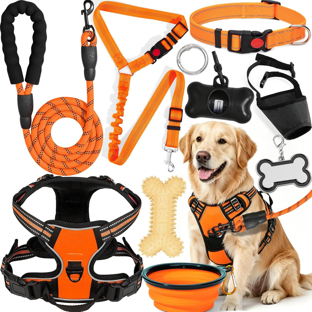 No Pull Dog Harness Adjustable Collar & Leash Set - Dog Halter Harnesses Collapsible Bowls & Poop Bag Dispenser Muzzle ID Tags Toys Fits Small Medium Large Dogs (Pink-M) - Image 10