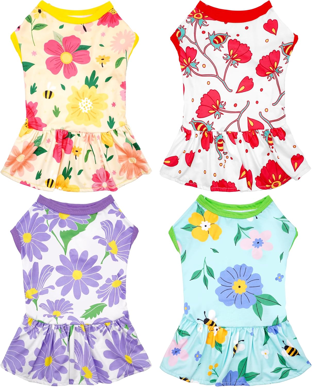 JpGdn floral dog dresses four piece pack front view of premium summer pet apparel.