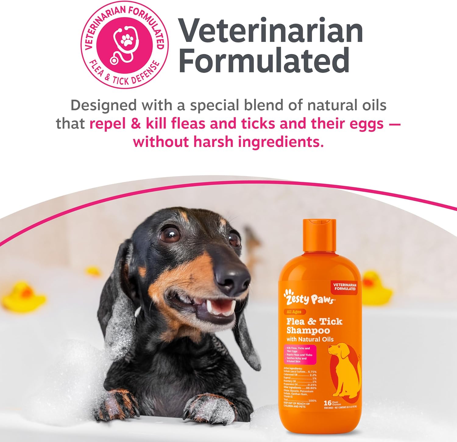 Side view of 16 fluid ounce Zesty Paws pet grooming bottle