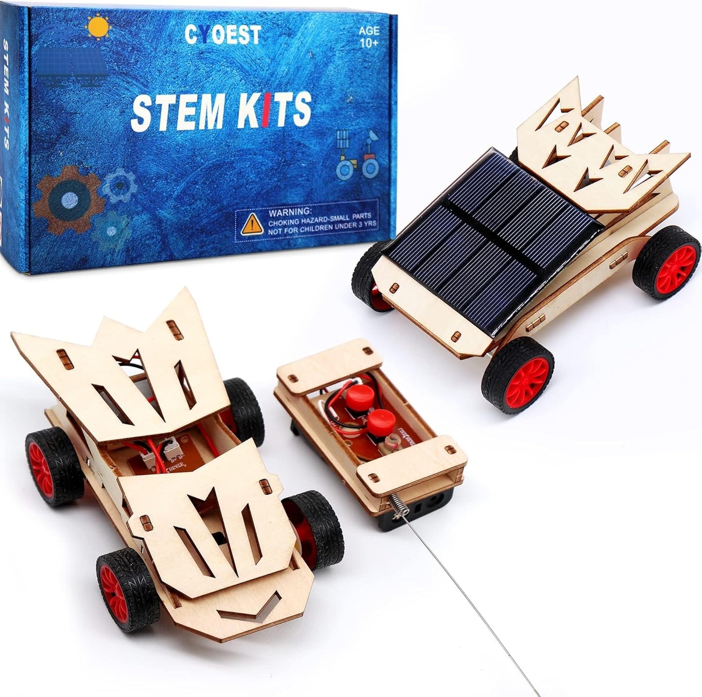 CYOEST Solar and RC Car STEM building kit front view package showing completed wooden vehicles