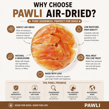 PAWLI dog treats 160g bag showing natural real meat ingredients