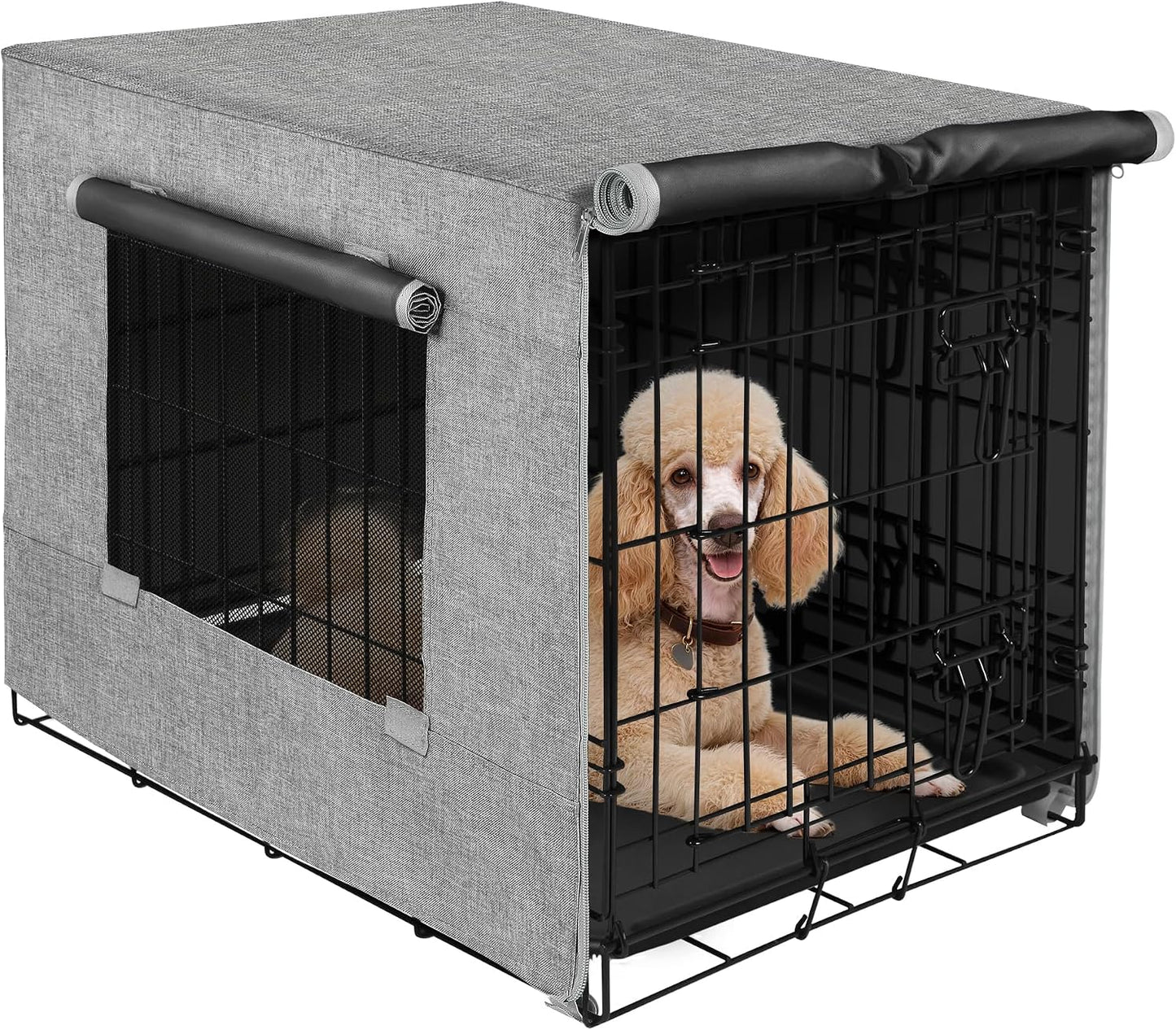 Akinerri Dog Crate Cover with Mesh Window, Double Door Waterproof Pet Kennel Cover, Durable 600D Polyester Protective Cage Cover for 42 Inch Dog Crate - Beige - Image 14