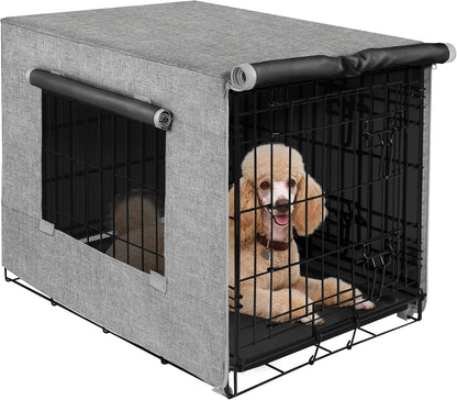 Akinerri Dog Crate Cover with Mesh Window, Double Door Waterproof Pet Kennel Cover, Durable 600D Polyester Protective Cage Cover for 42 Inch Dog Crate - Beige - Image 14