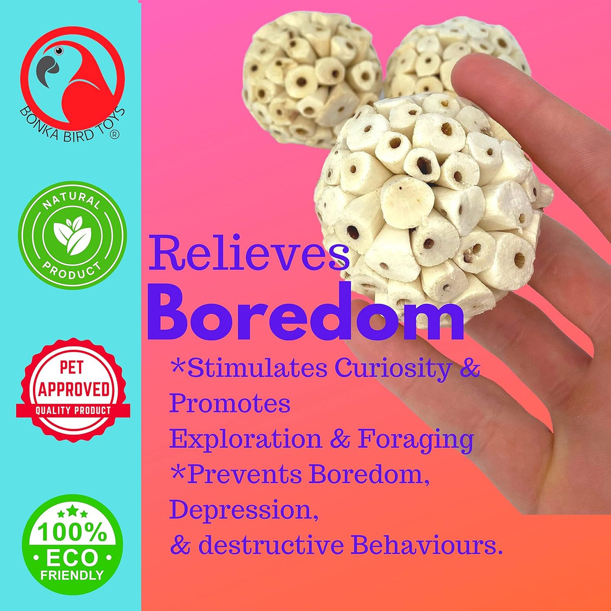Bird toy foraging ball showing porous internal structure