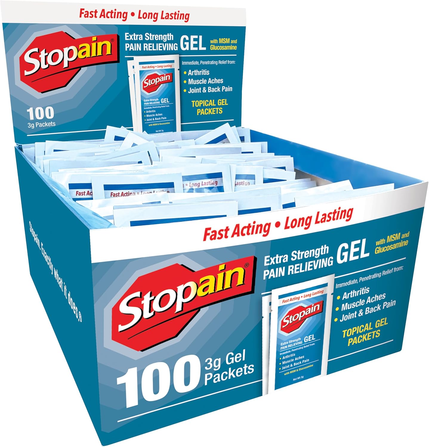 Stopain Extra Strength Pain Relief Gel 100 count box front view showcasing topical pain relief packets.