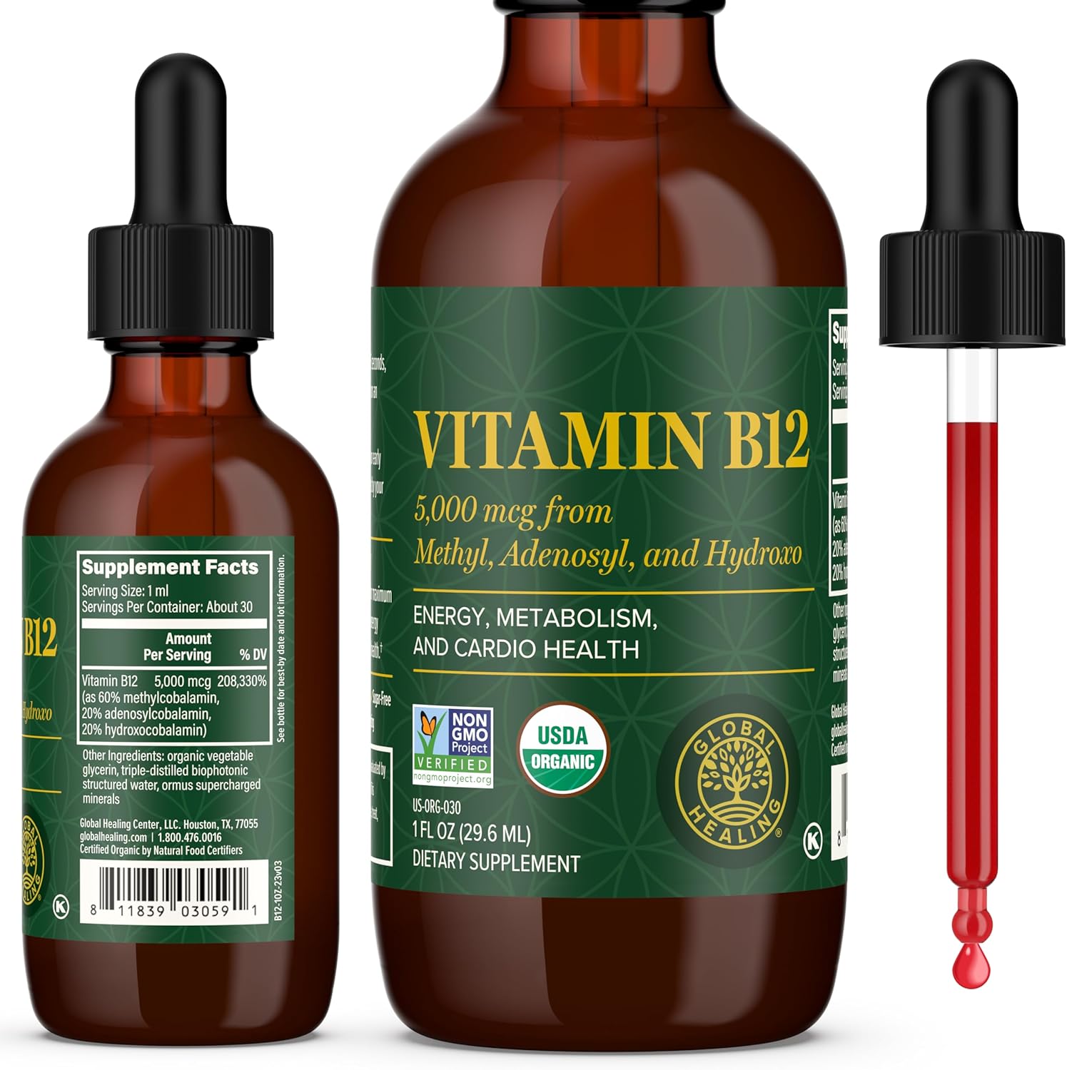 Global Healing Vitamin B12 5000mcg Sublingual Liquid front view of bottle for premium energy supplement.
