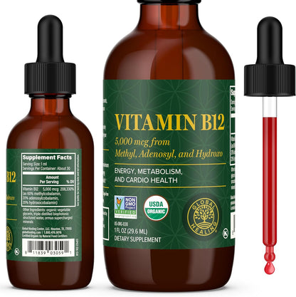 Global Healing Vitamin B12 5000mcg Sublingual Liquid front view of bottle for premium energy supplement.