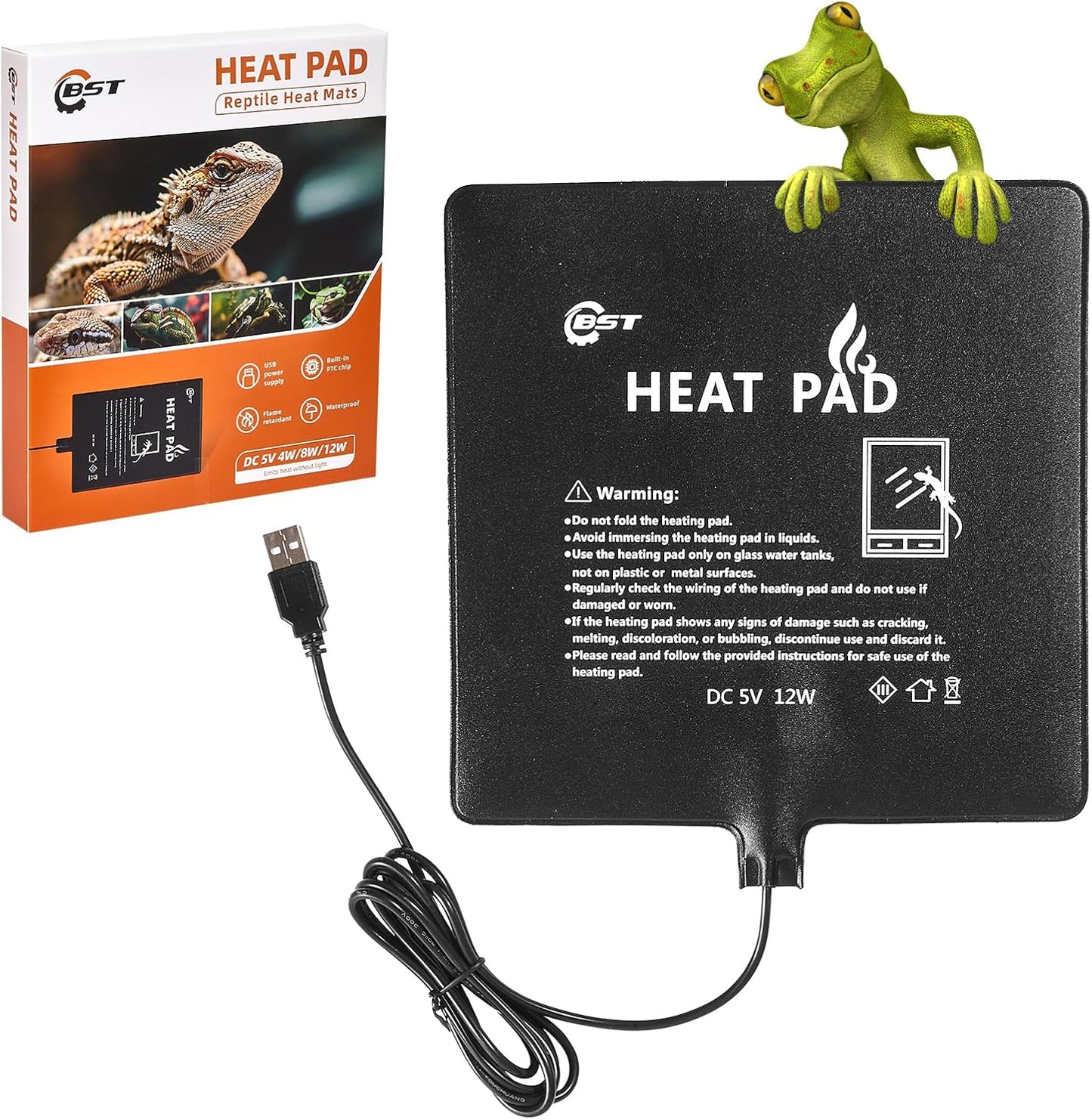 BST waterproof reptile heating pad front view showing black rectangular 12W USB mat