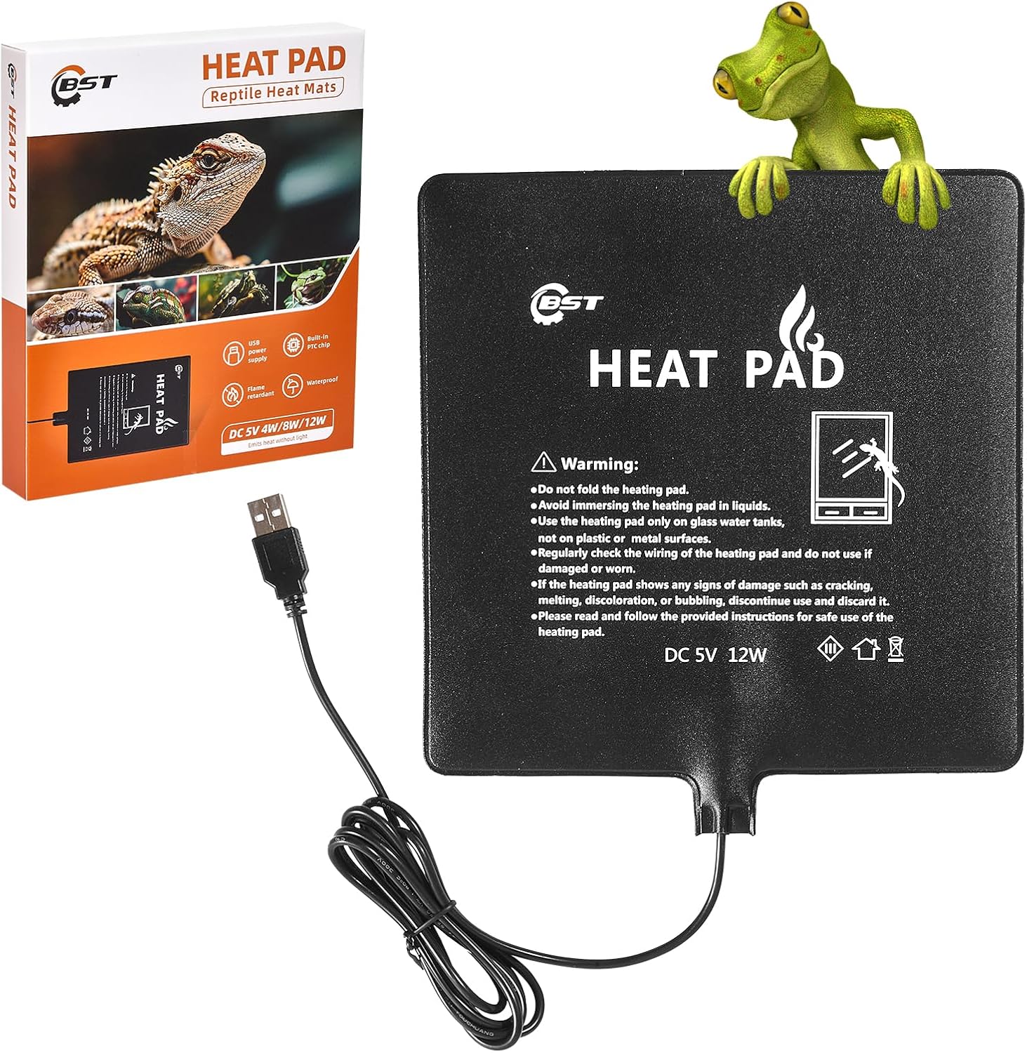 BST waterproof reptile heating pad front view showing black rectangular 12W USB mat