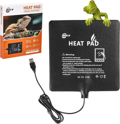 BST waterproof reptile heating pad front view showing black rectangular 12W USB mat