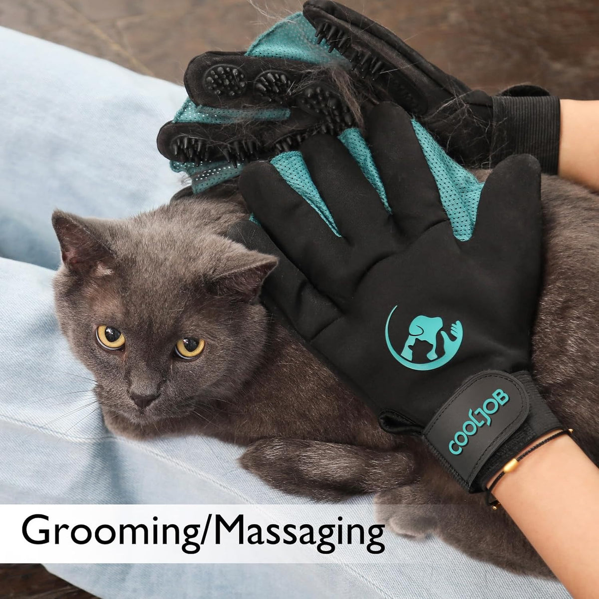 Cooljob pet grooming gloves packaging and product pair
