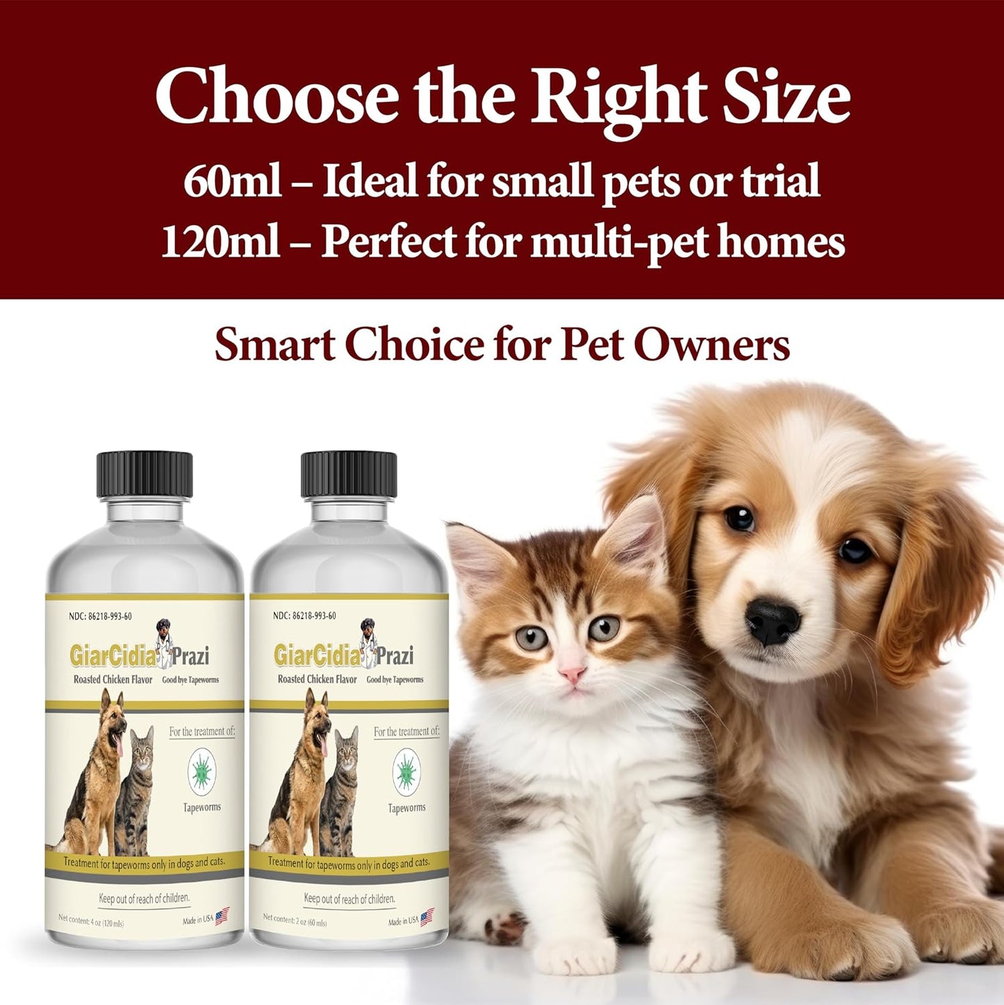 Giarcidia broad spectrum liquid dewormer package layout illustrating its suitability for both feline and canine companions.