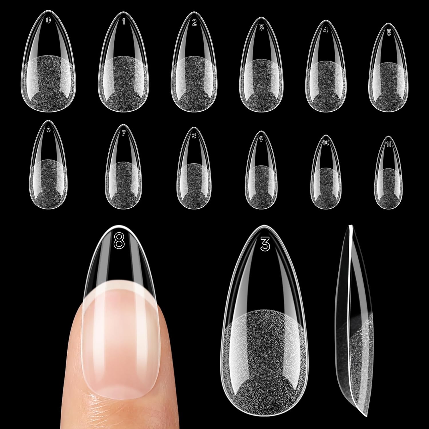 LKE medium almond soft gel nail tips set front view