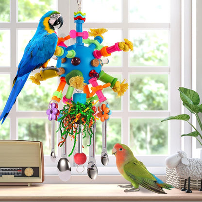 Multi sensory parrot cage toy hanging from top metal bars side angle view