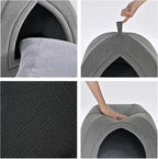 Folded flat Amazon Basics cat bed on hardwood floor