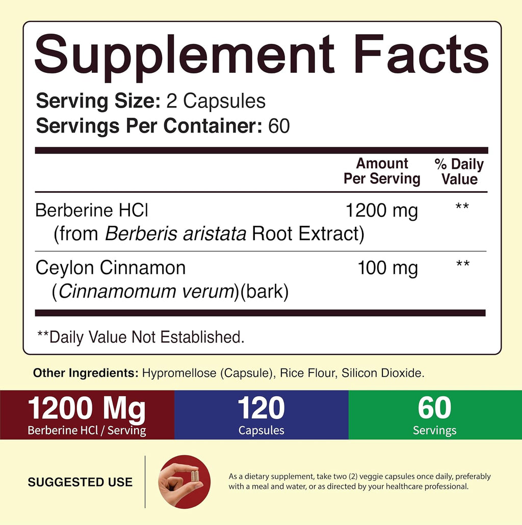 NutriFlair Berberine HCl 1200mg with Ceylon Cinnamon, 120 Capsules - Image 2