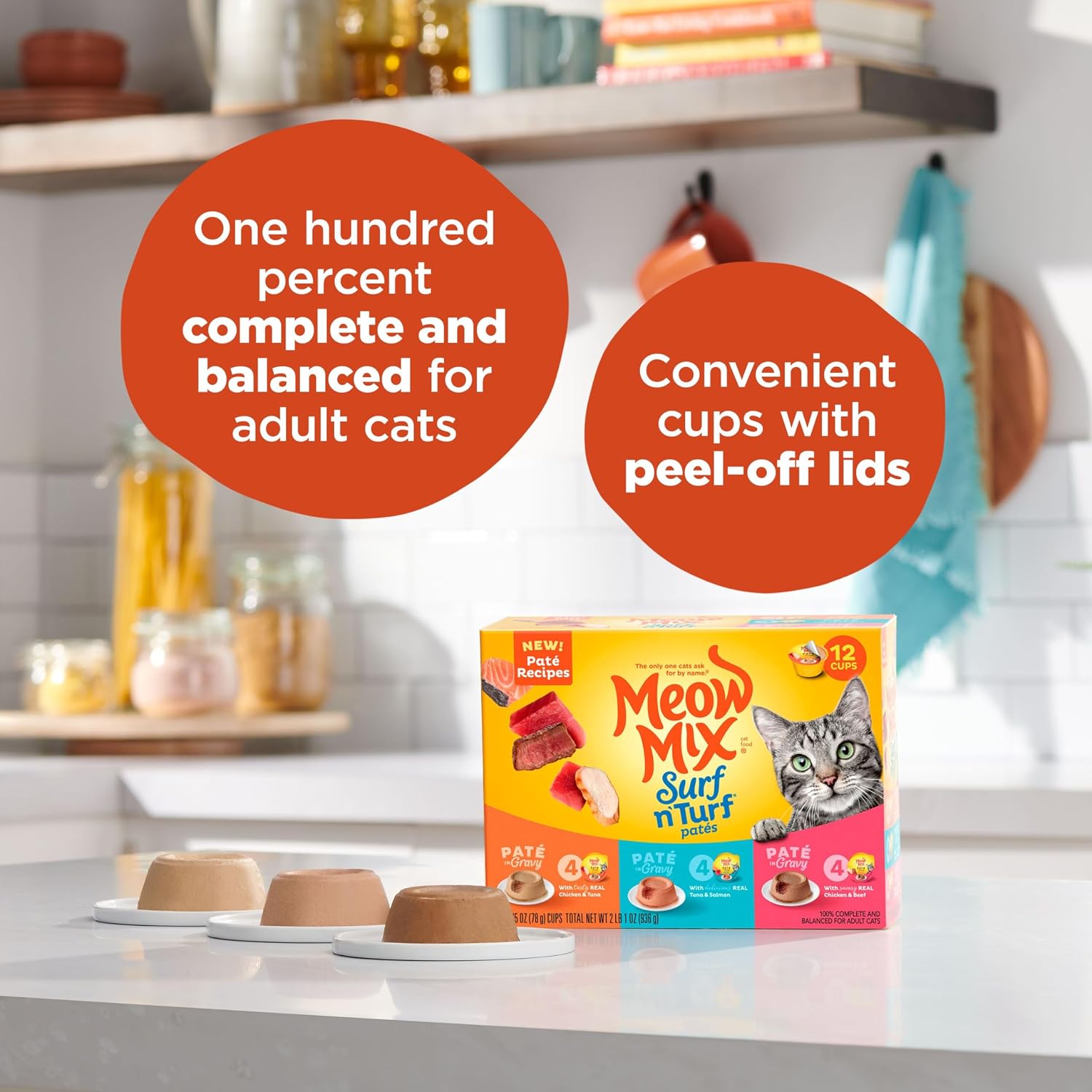 Peel-off lid detail on Meow Mix patÃ© cat food cup