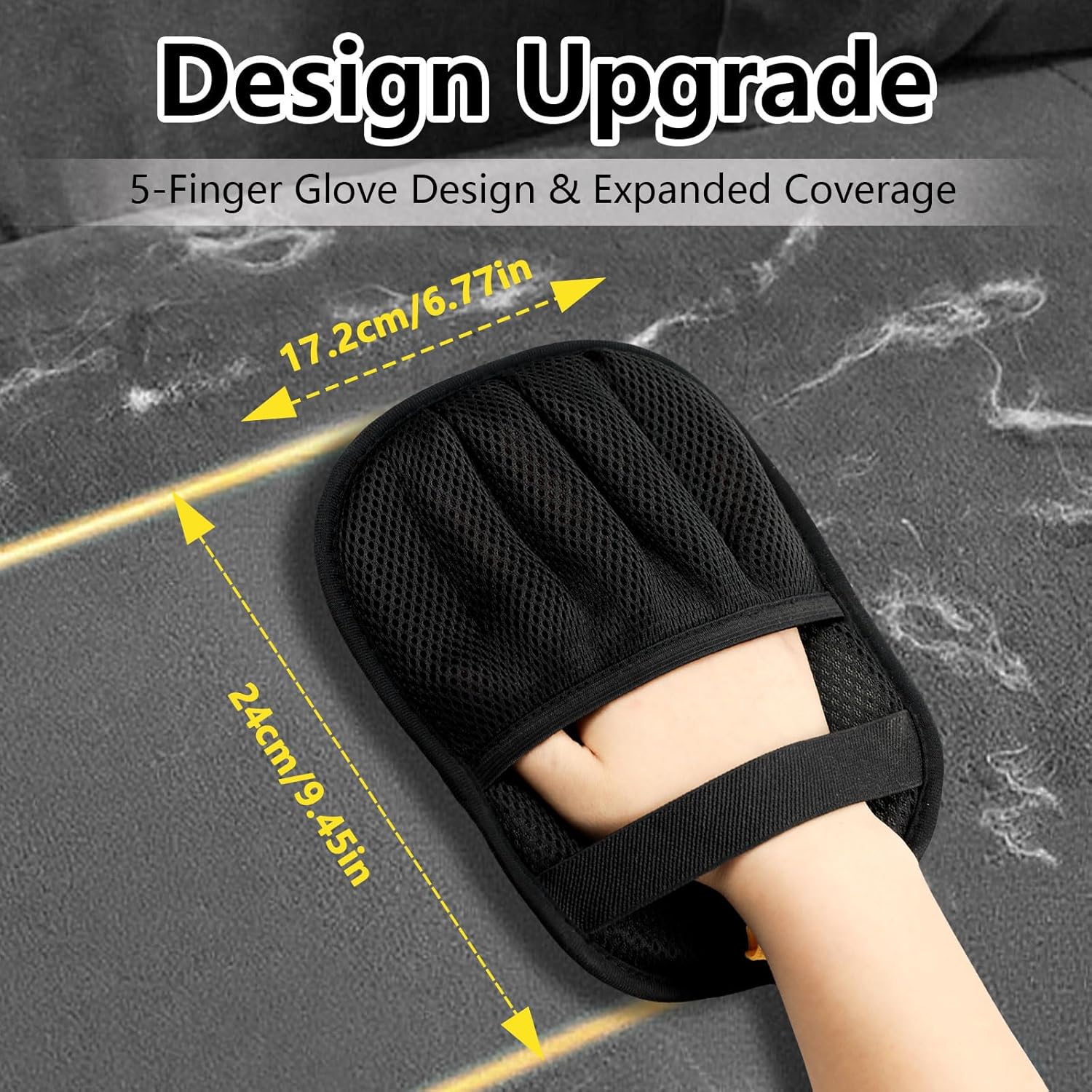 Reusable pet hair remover mitt pulling cat fur off couch upholstery