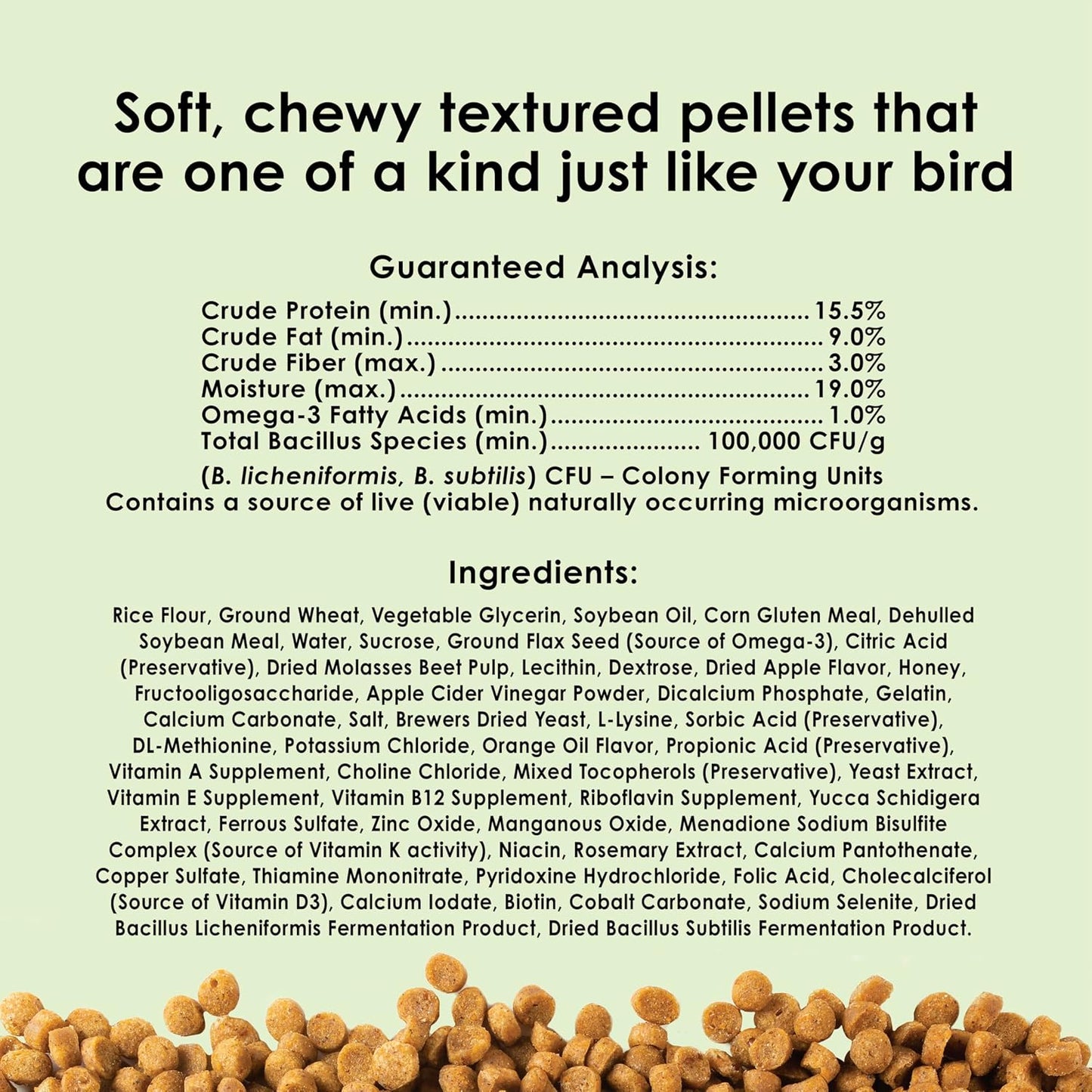 Natural fruit flavored bird food pellets in a bowl