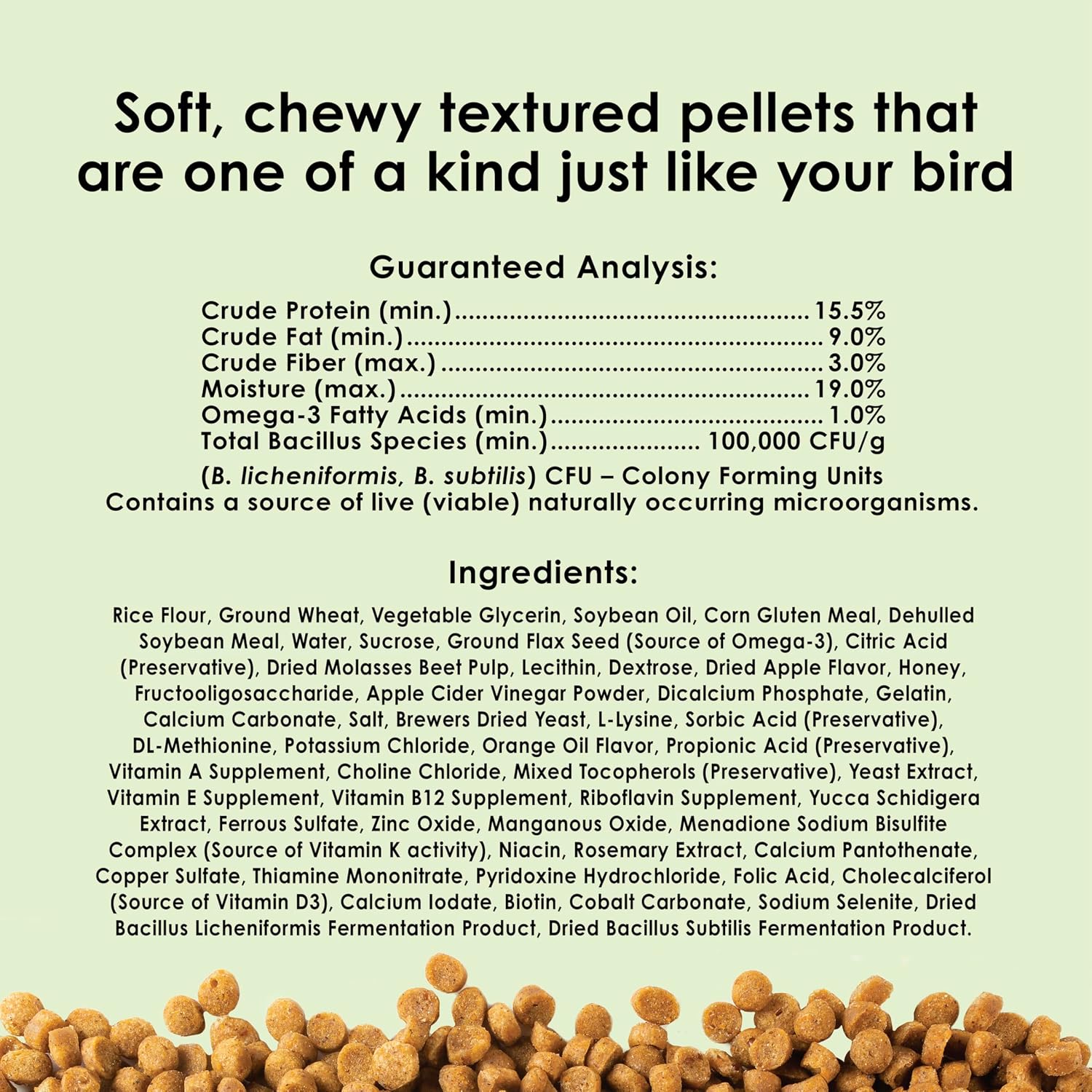 Natural fruit flavored bird food pellets in a bowl