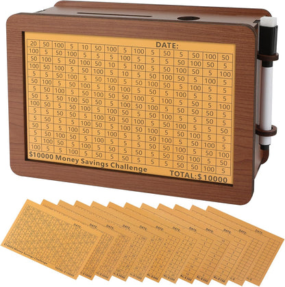 Folencer wooden money saving box front view displaying the printed tracking numbers grid.