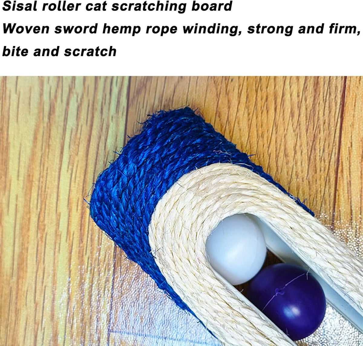 MooGlamor blue sisal cat scratching barrel side view detailing the secure non toxic construction.