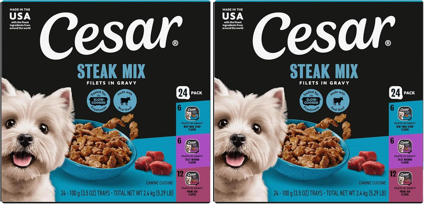 Cesar Filets in Gravy Adult Wet Dog Food Variety Pack, Filet Mignon, New York Strip, and Prime Rib Flavors, 3.5 oz. Easy Peel Dog Food Tray, 24 Count (Pack of 1) - Image 12