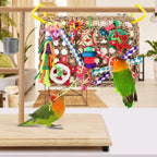 Colorful wooden blocks and rattan balls on a bird foraging toy.